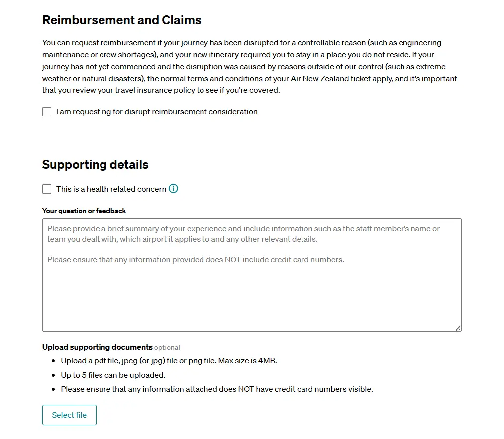 The supporting details and attachment section of the Air New Zealand reimbursement form