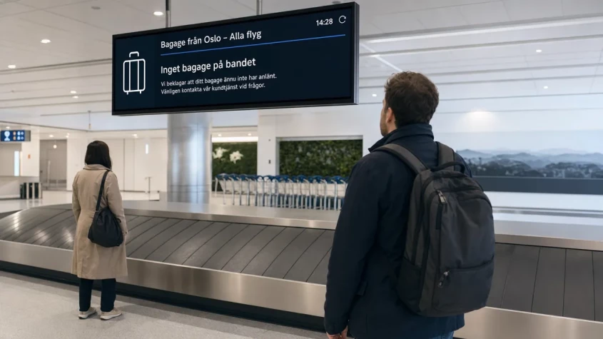 Resen&auml;r v&auml;ntar vid bagagebandet p&aring; flygplats