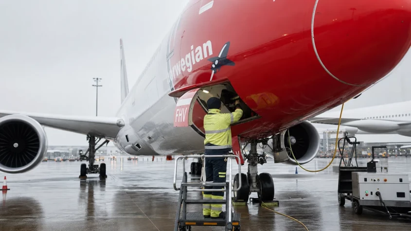 Tekniker servar ett Norwegian flygplan