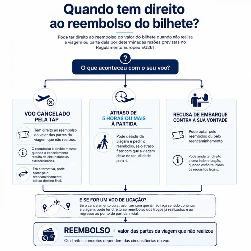 infogr&aacute;fico: quando tem direito ao reembolso do bilhete da TAP, voo cancelado, atraso de 5 horas ou mais, recusa de embarque