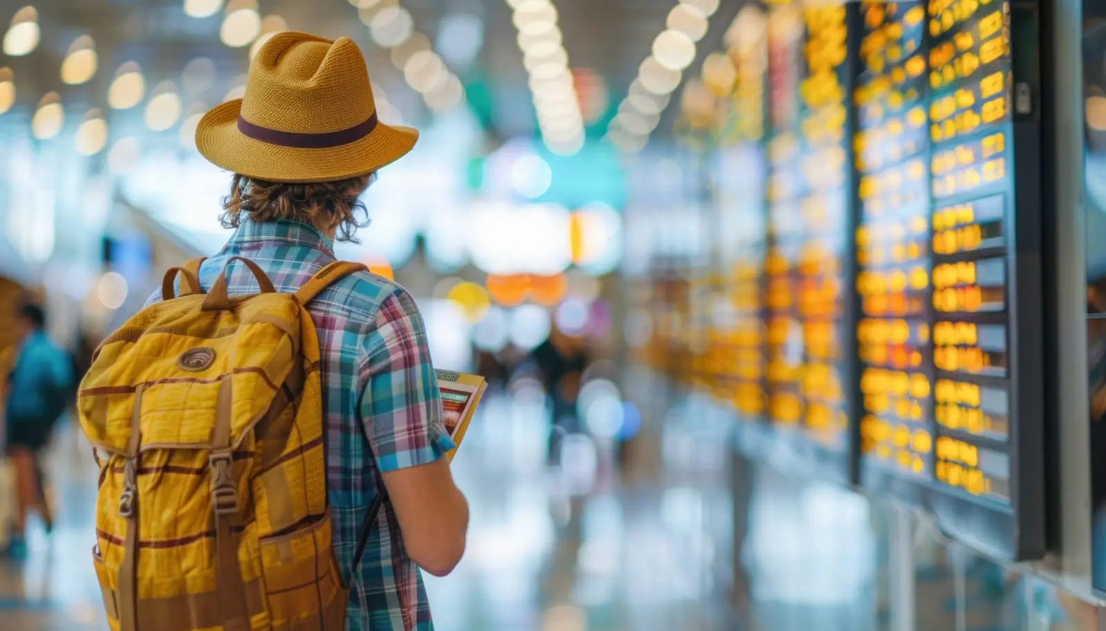 turista control de vuelos a bordo en el aeropuerto