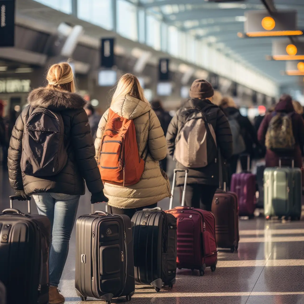 Turistas de pie con equipaje en la fila en la terminal del aeropuerto