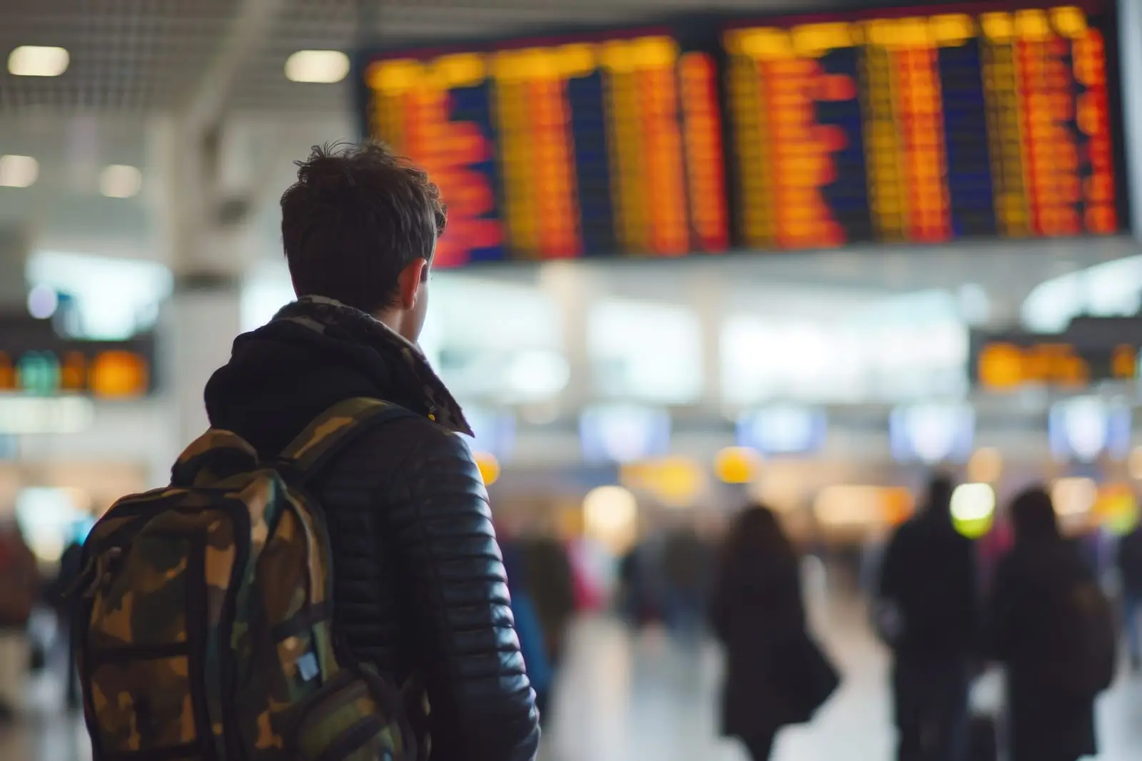 reiziger die vluchtinformatie bekijkt op de luchthaven