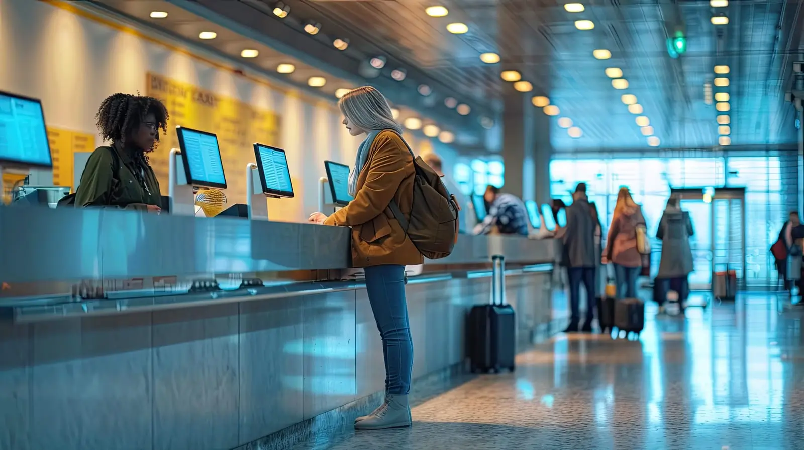 resen&auml;rer vid flygplatsens incheckningsdisk