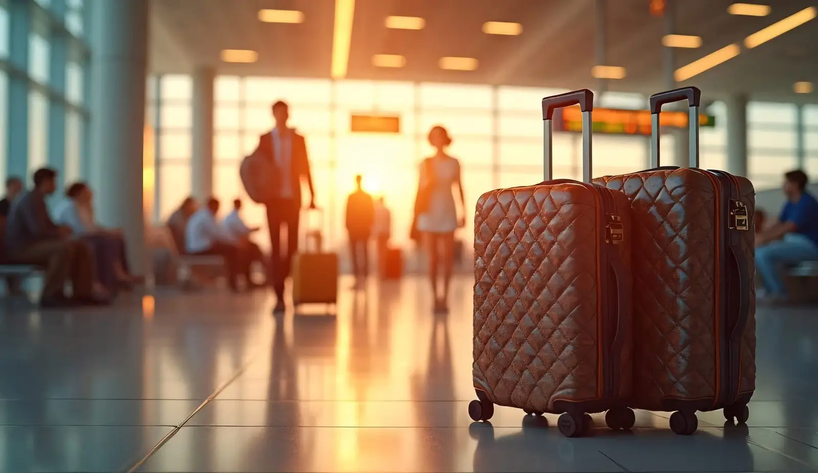 two pieces of luggage are positioned in an airport