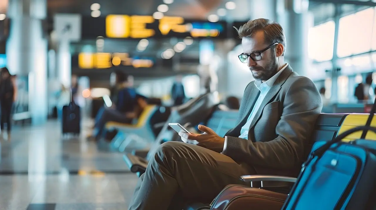 un hombre sentado en un aeropuerto