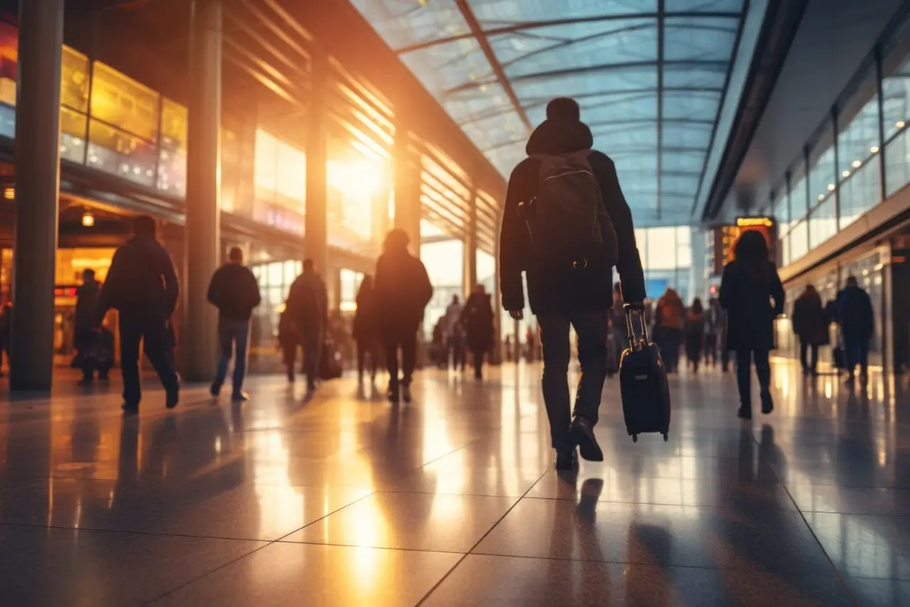 un pasajero camina por un aeropuerto