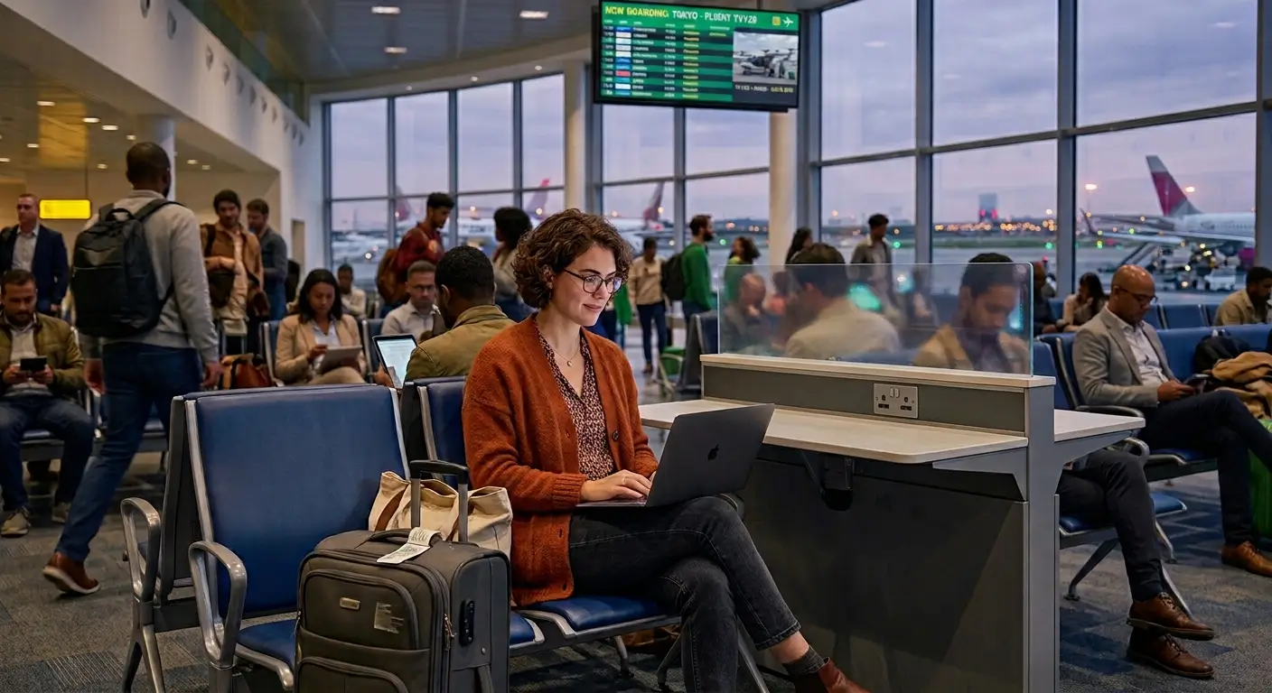 une passagere avec son pc dans un aeroport