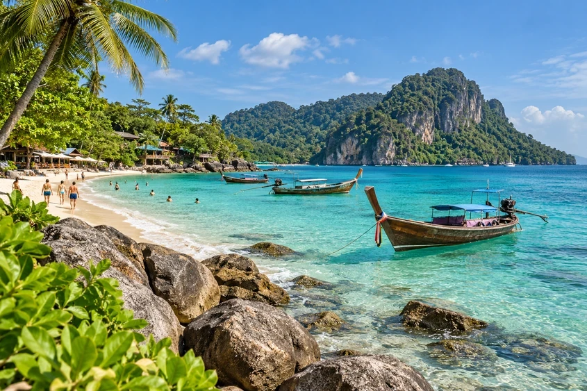 Turkis strand med longtail-b&aring;ter i Thailand