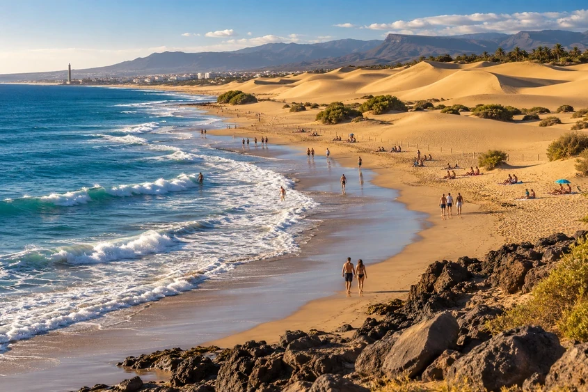 Strand og sanddyner i Maspalomas p&aring; Gran Canaria i februarsol