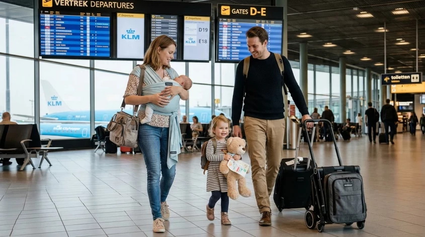 Gezin met baby en peuter loopt door de luchthaven naar de volgende gate