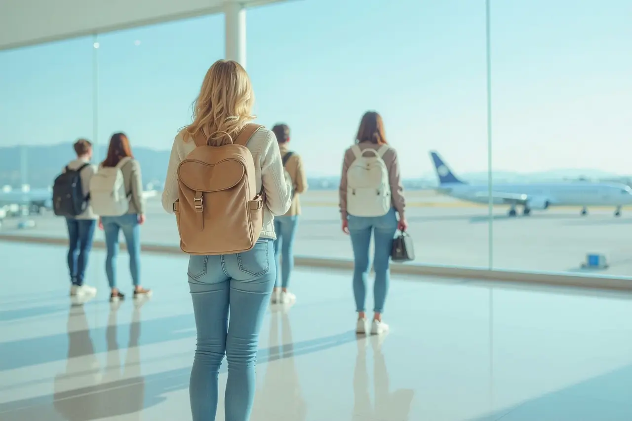 Les voyageurs en attente regardent par la grande fen&ecirc;tre de l'a&eacute;roport