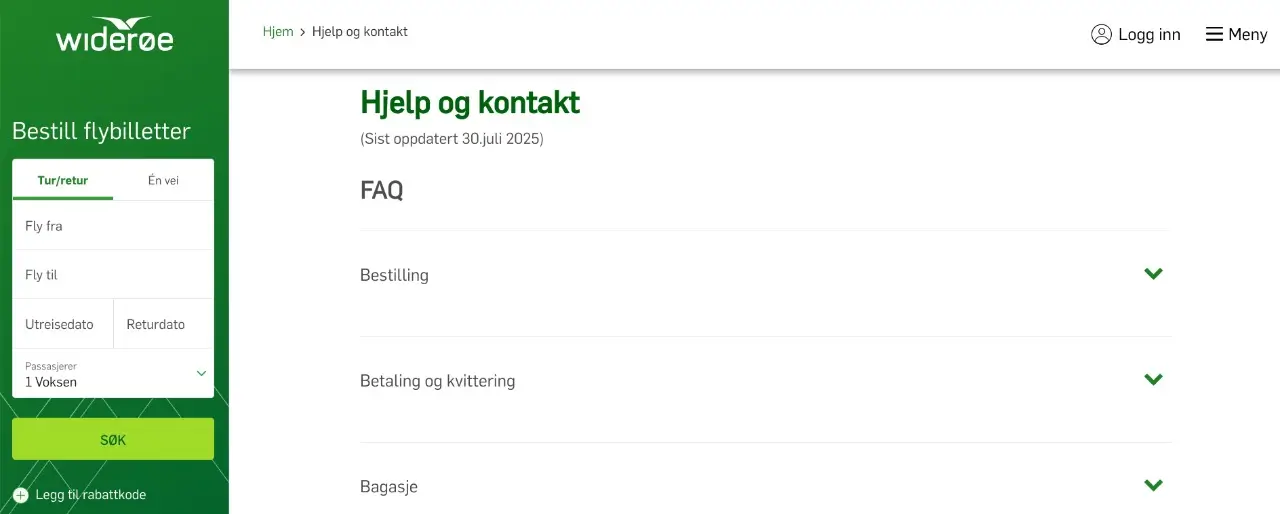 wideroe hjelp og kontakt side