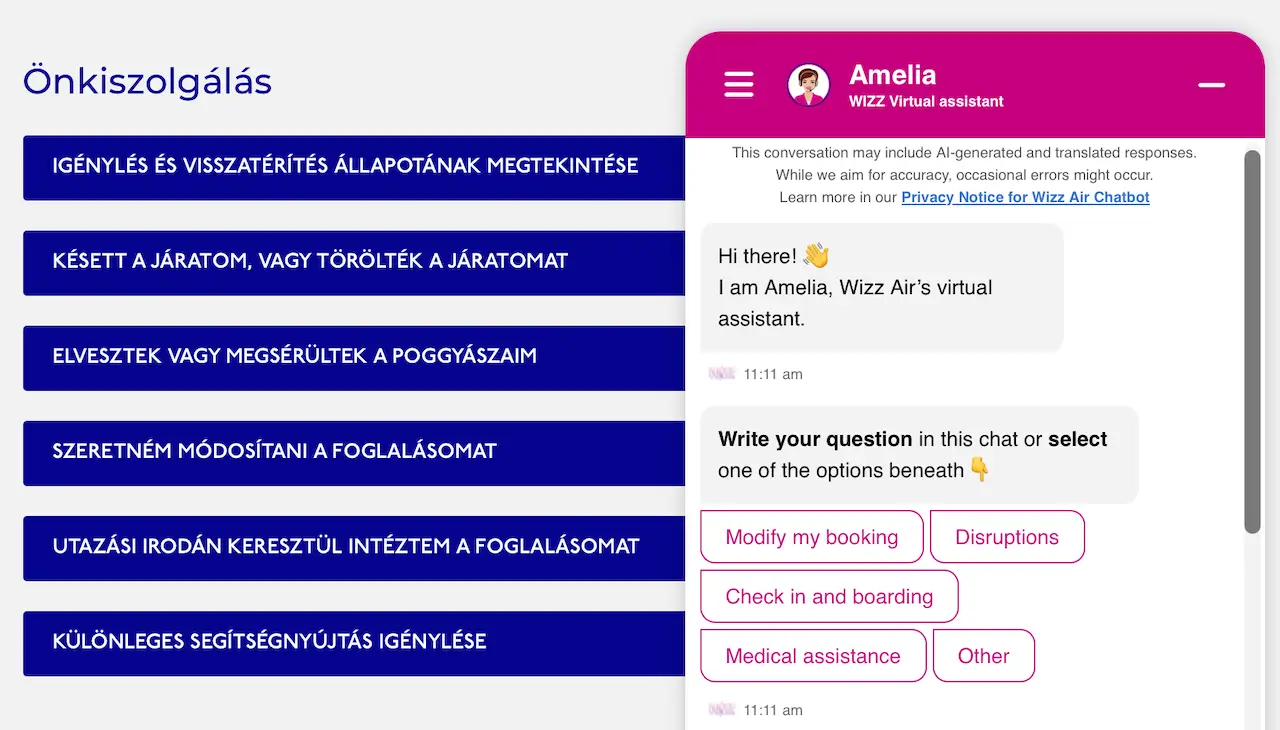 Wizz Air &eacute;lő chat &uuml;gyf&eacute;lszolg&aacute;lat