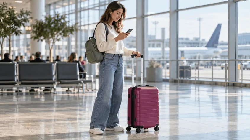 Podr&oacute;żny z plecakiem i walizką w terminalu przed lotem Wizz Air