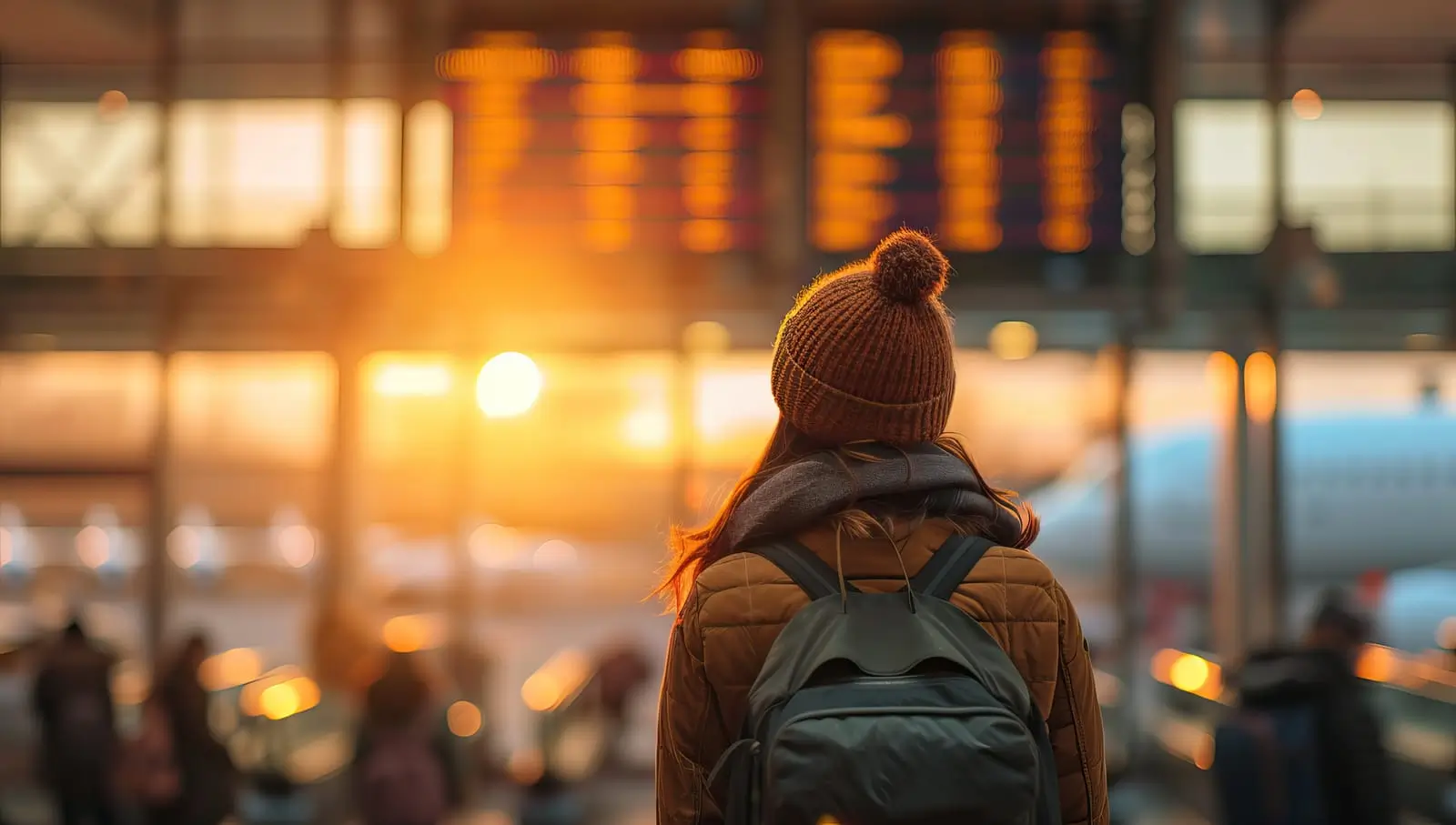 mujer consultando la información de un vuelo en el aeropuerto
