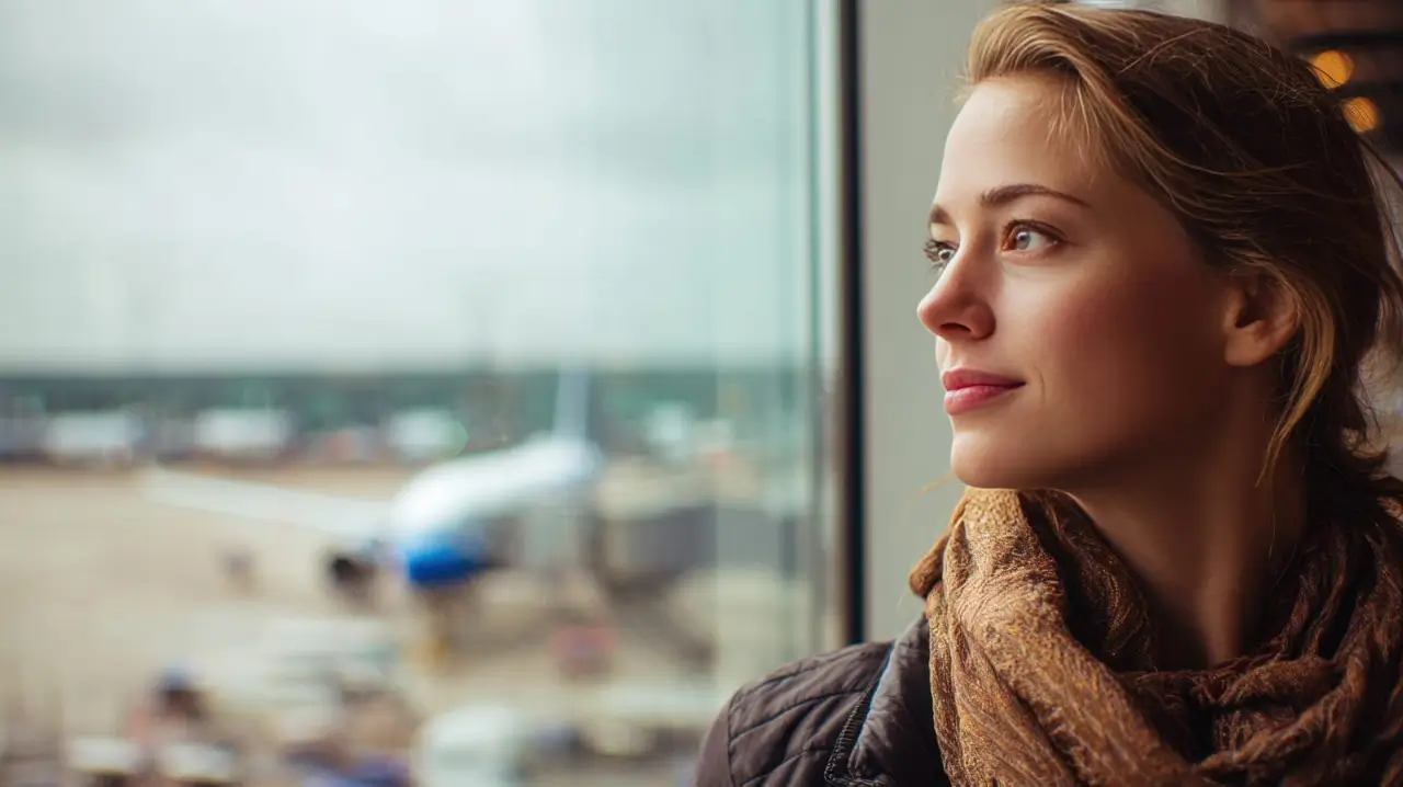 une femme regarde par la fen&ecirc;tre de l'a&eacute;roport