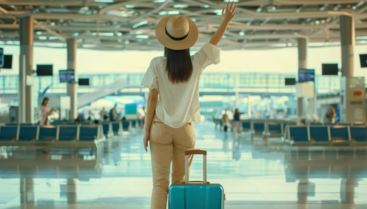 en kvinna med hatt och resväska på en flygplats