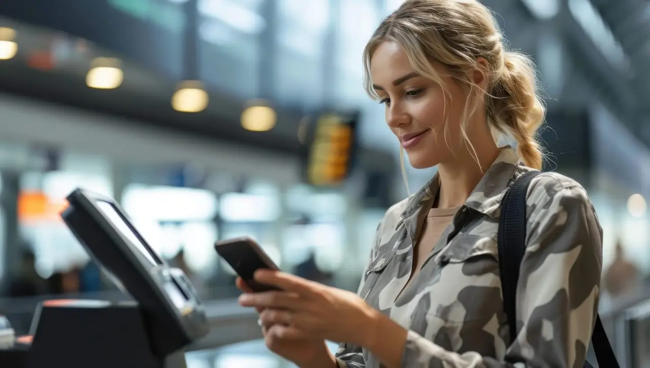une femme en train d'utiliser son portable dans un aéroport