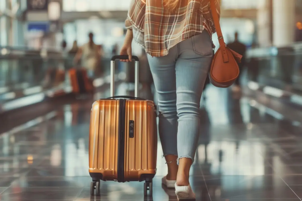 mujer caminando con equipaje por el aeropuerto