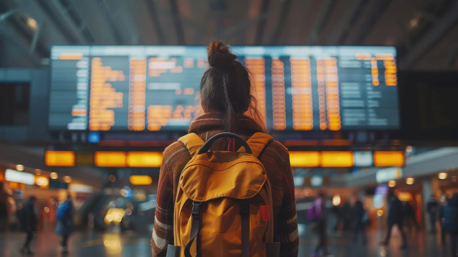 una mujer con una mochila amarilla frente a una fila de monitores de aeropuerto