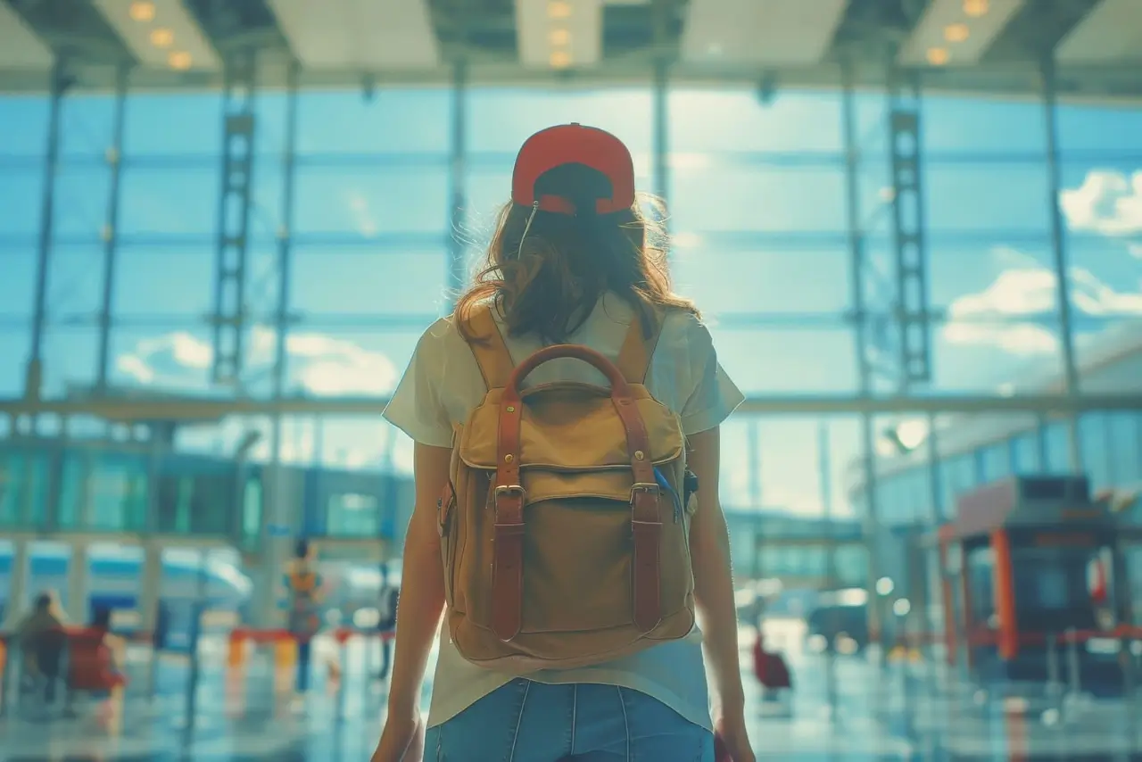 mujer con mochila en el aeropuerto