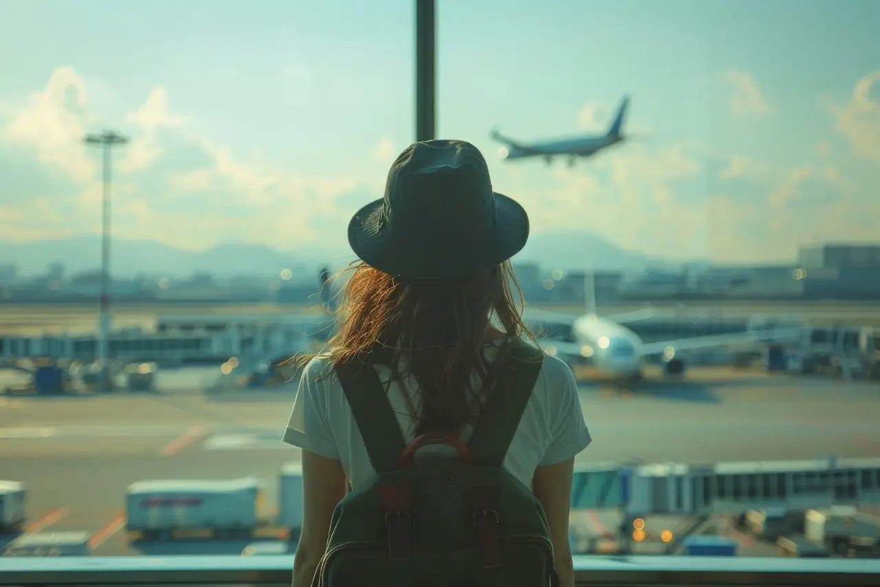 une voyageuse avec un sac a dos dans un aeroport