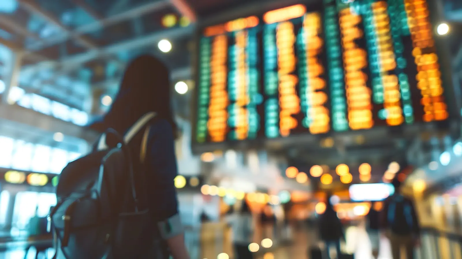 femeie cu rucsac care se uită la panoul cu plecări din terminalul aeroportului