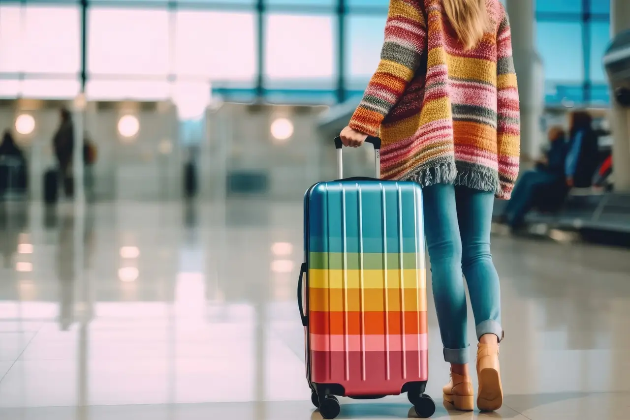 mujer con maleta de pie en el aeropuerto