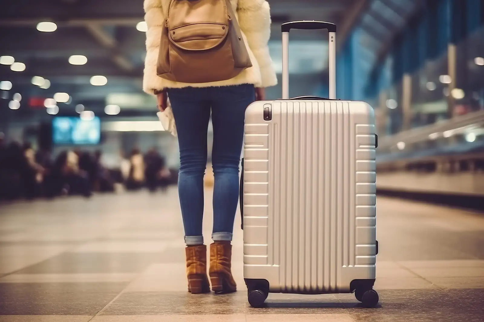 woman with suitcase standing at the airport