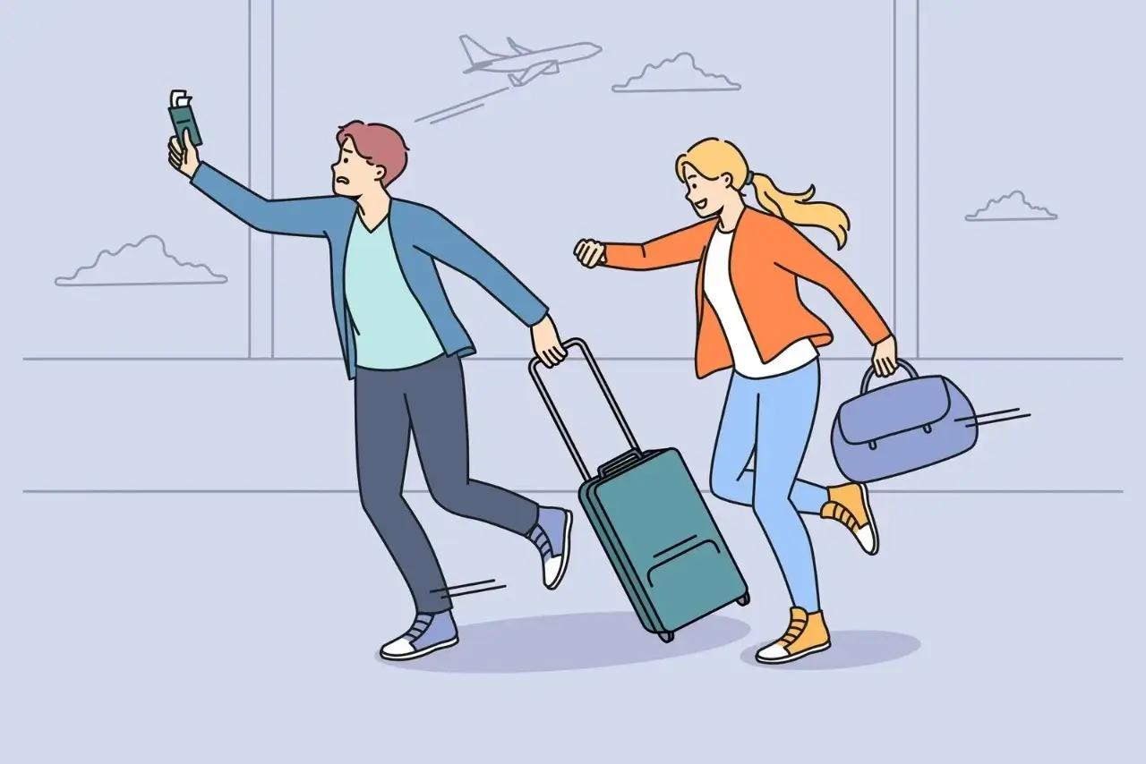 worried tourists run for flight in airport