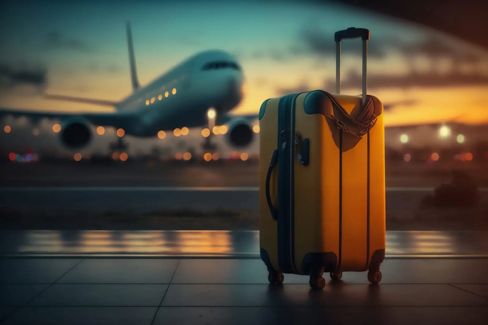 gelber Koffer am Flughafen mit einem Flugzeug im Hintergrund