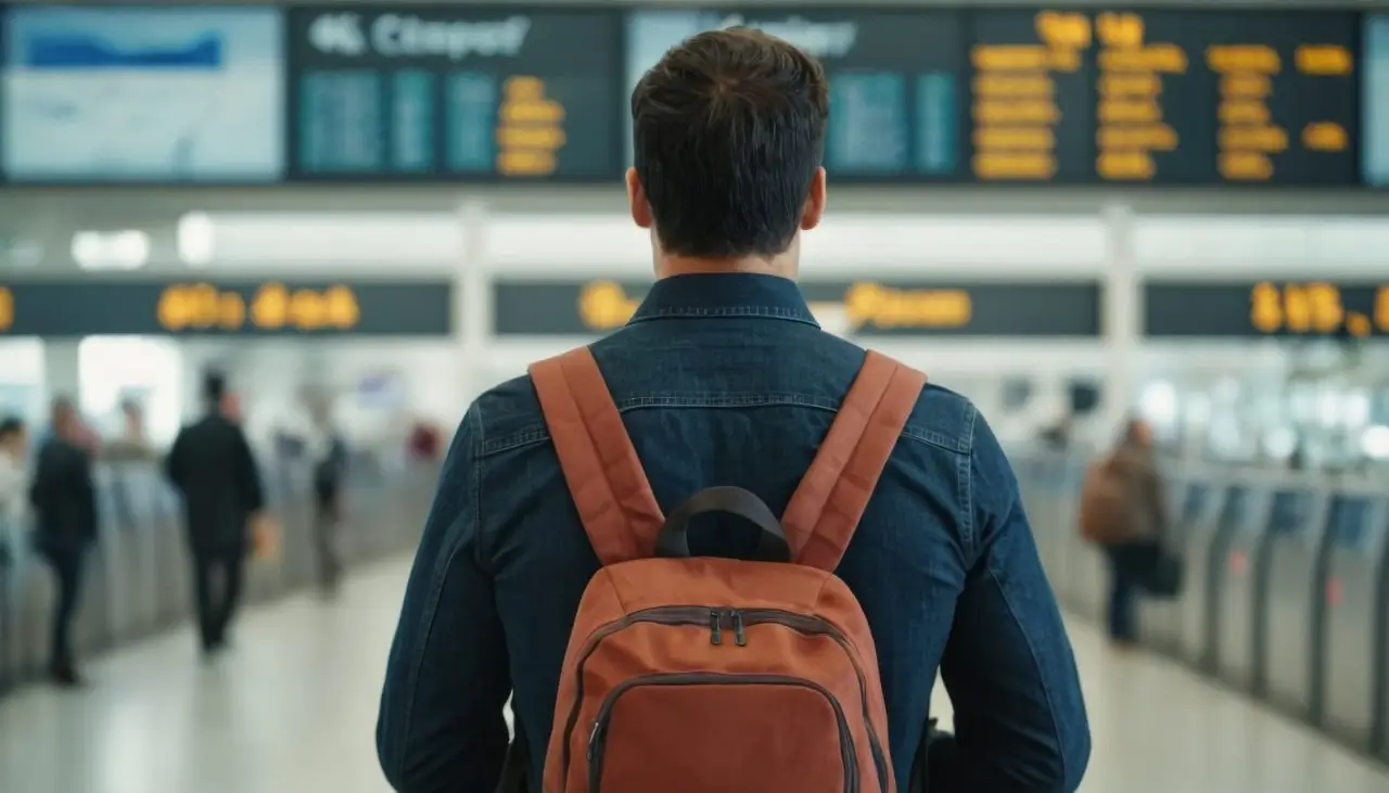 un passager devant un tableau des départs