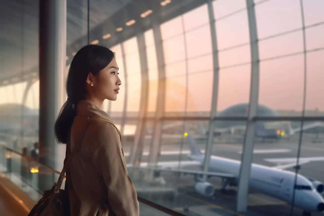 une passag&egrave;re regarde par la fen&ecirc;tre de l'a&eacute;roport