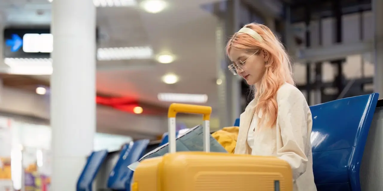 una mujer joven está sentada en el aeropuerto cerca de su maleta y leyendo un mapa
