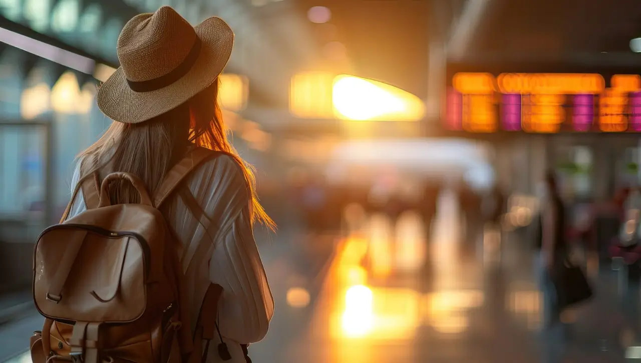 uma mulher com um chapéu num aeroporto