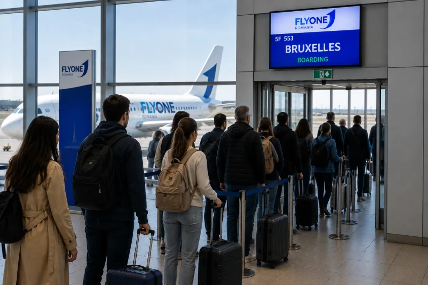 Pasageri FlyOne Rom&acirc;nia așteaptă la poarta de &icirc;mbarcare