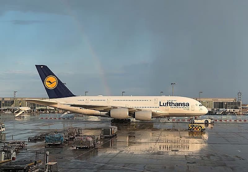 Lufthansa aircraft on a wet apron after bad weather