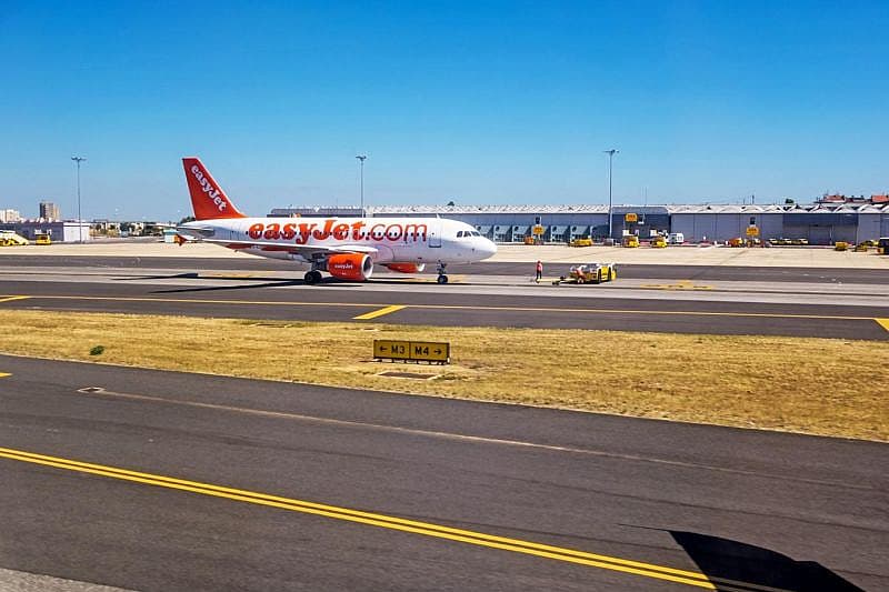 an easyjet plane waiting for passengers to board