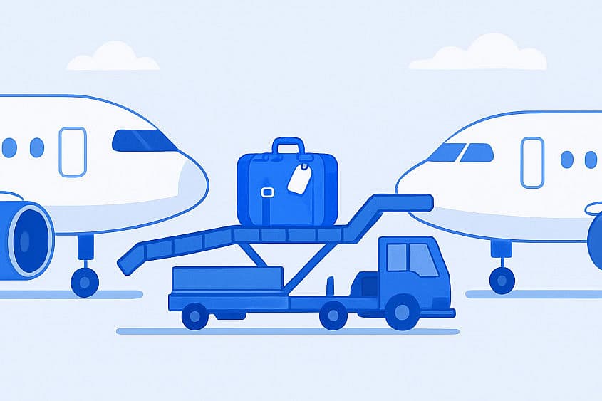 Valiză cu etichetă pe banda de &icirc;ncărcare, &icirc;ntre două avioane parcate pe platforma unui aeroport de tranzit