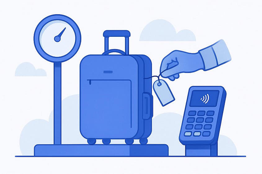 Valiză pe c&acirc;ntarul de la check-in, cu etichetă de bagaj și terminal de plată cu cardul alături