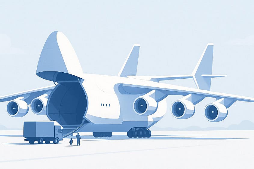 Avion cargo uriaș cu șase motoare, cu trapa din față deschisă și un camion alături
