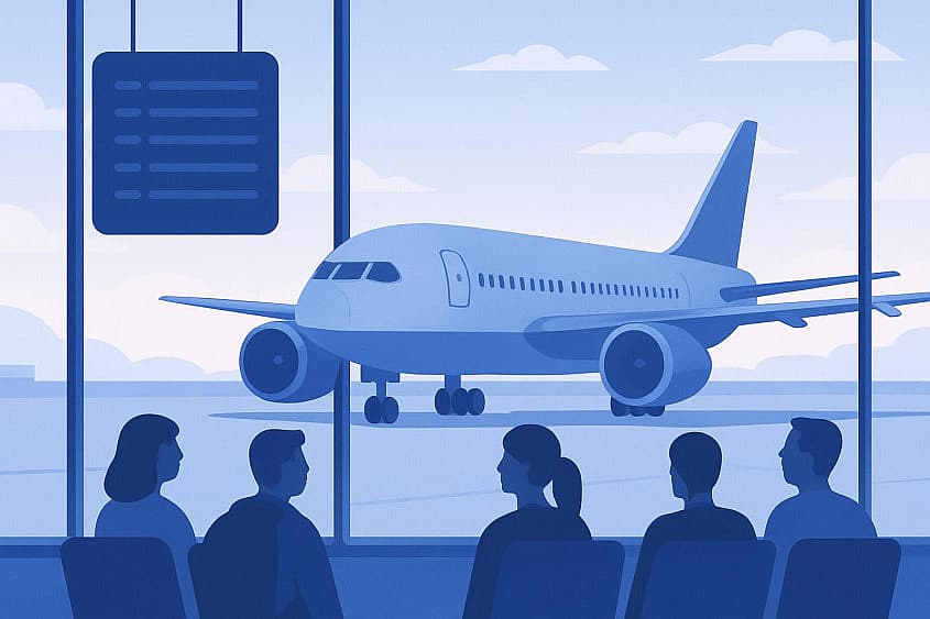 Pasageri care așteaptă la poarta de &icirc;mbarcare, cu un avion mare pe platformă