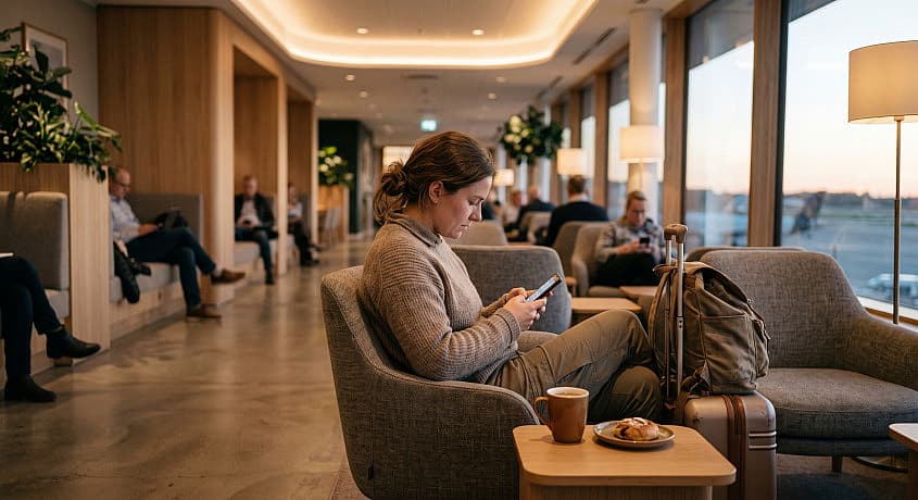 Passager venter i lufthavn med forplejning