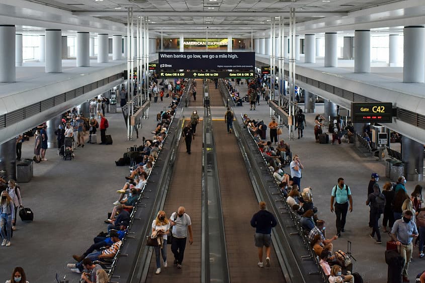 Rolling walkways inside Denver International Airport