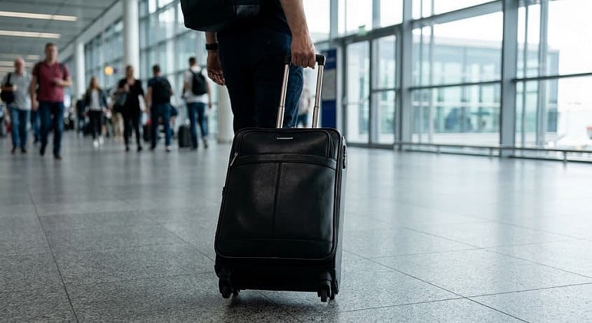 Havalimanı terminalinde valizini &ccedil;eken yolcu
