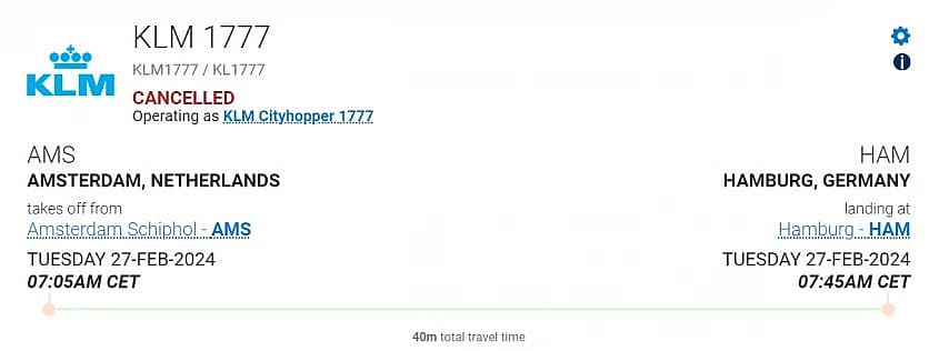 Flight tracker showing a cancelled KLM flight