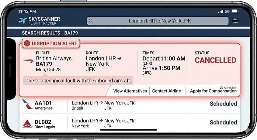 Flight disruption alert on a phone