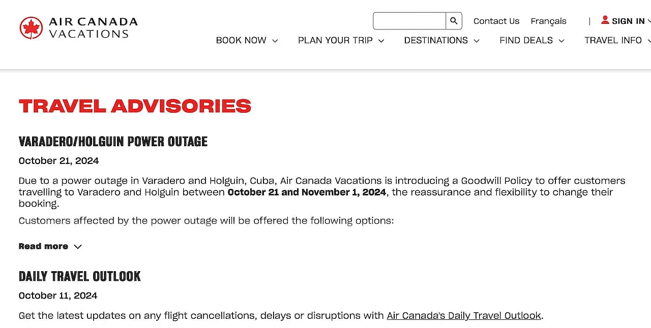 Air Canada Travel Advisory
