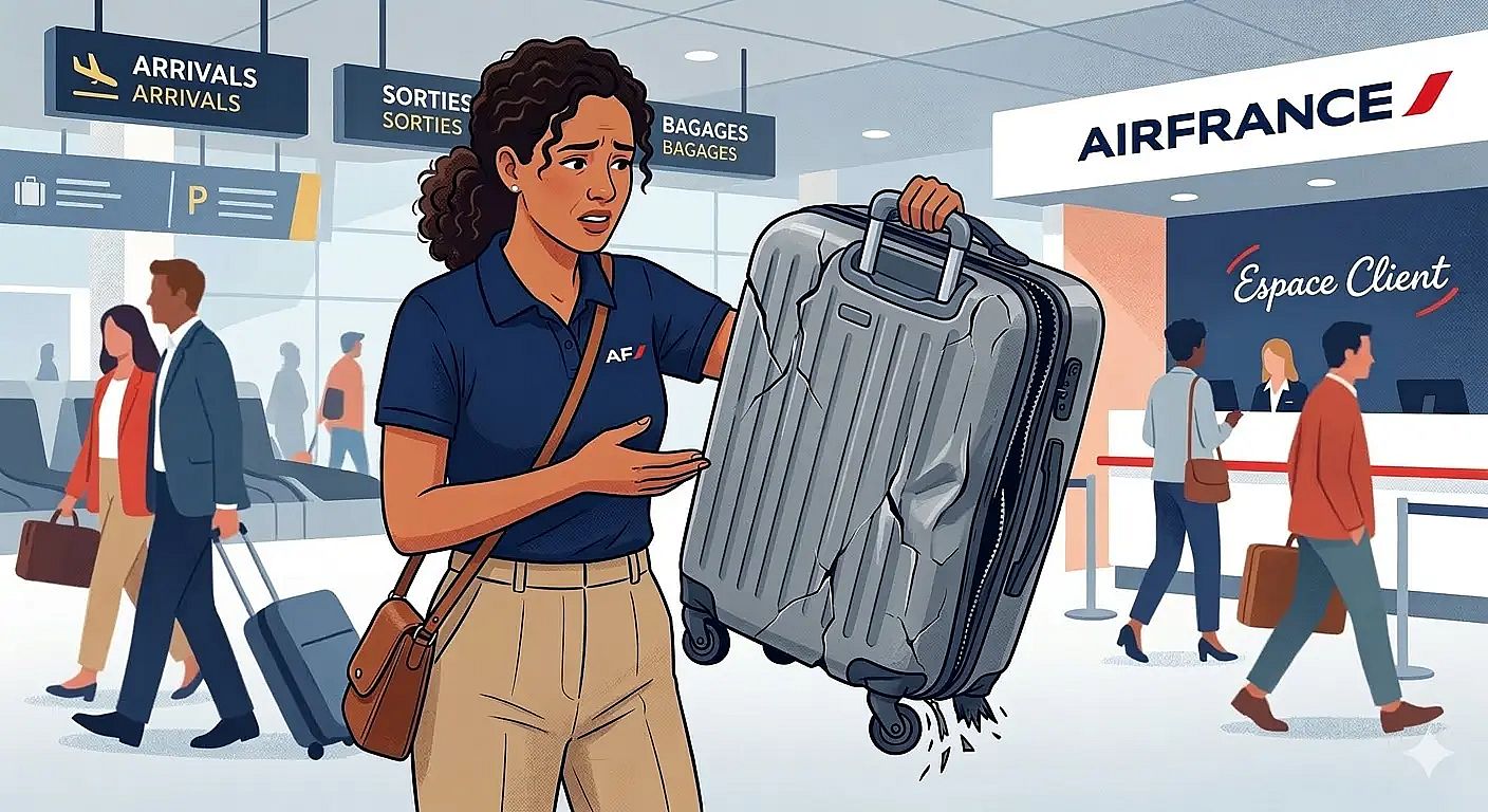 Passenger holding a damaged suitcase at an Air France baggage service desk in an airport arrivals area